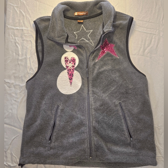 Harriton Jackets & Blazers - Harriton Grey Fleece Snowman Vest - Pink Leopard Print, Star & Sequins - Size S